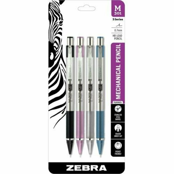 Zebra Pen Mechanical Pencil, Refillable, 0.7mm, AST Barrel/Accents, 4PK ZEB54114